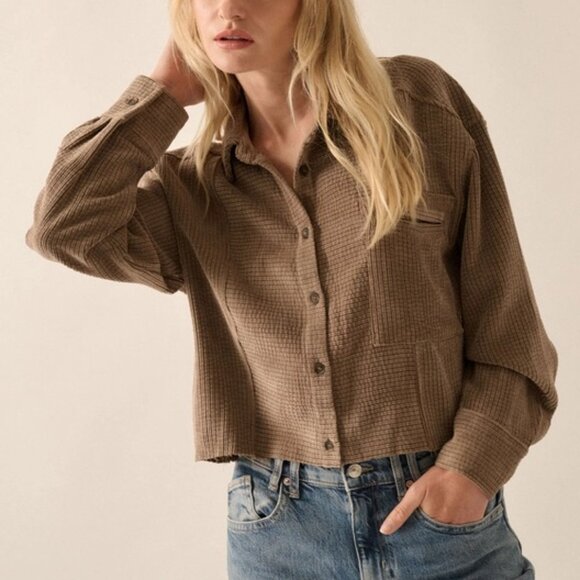 Lonnie Corduroy Raw Edge Hem Shirt | Women's Fall Brown Top | Trendy Fashion - Picture 5 of 9